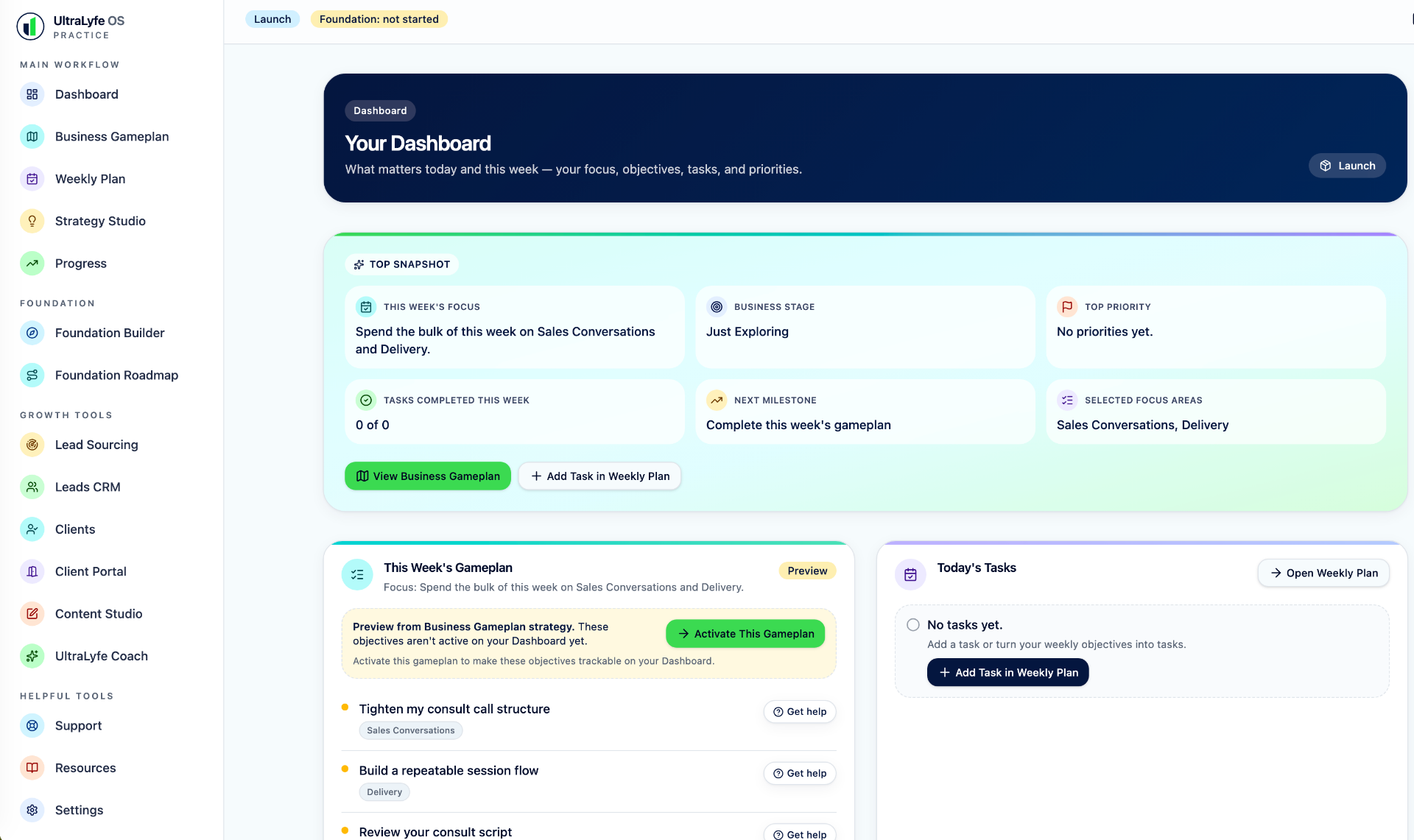 UltraLyfe Practice OS dashboard